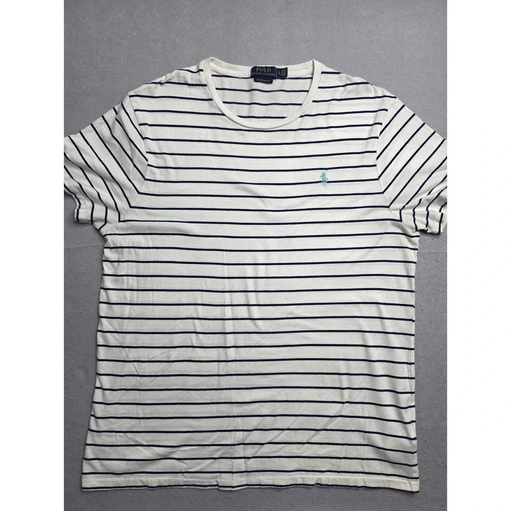 Polo Ralph Lauren T-Shirt Men's XL White Striped Custom Slim Fit 100% Cotton